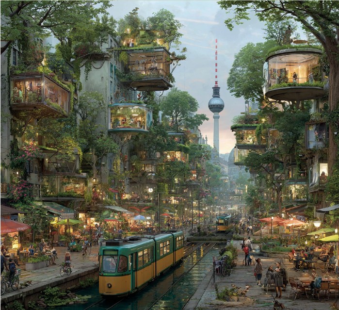 Berlin_2040 Wohnungsneubau und Verkehrswende organisch gedacht (Hilal Abdullah, Jessica Popat, Kavi Srikanthan, generiert mit Midjourney, 2025)
